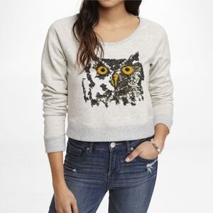 Express Cropped Sequin Lace Heathered Grey Owl Sweatshirt Women's Small S EUC